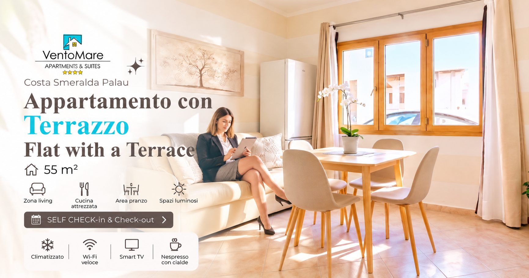 Grafica promozionale appartamento B: soggiorno luminoso — appartamento B, Palau Sardegna