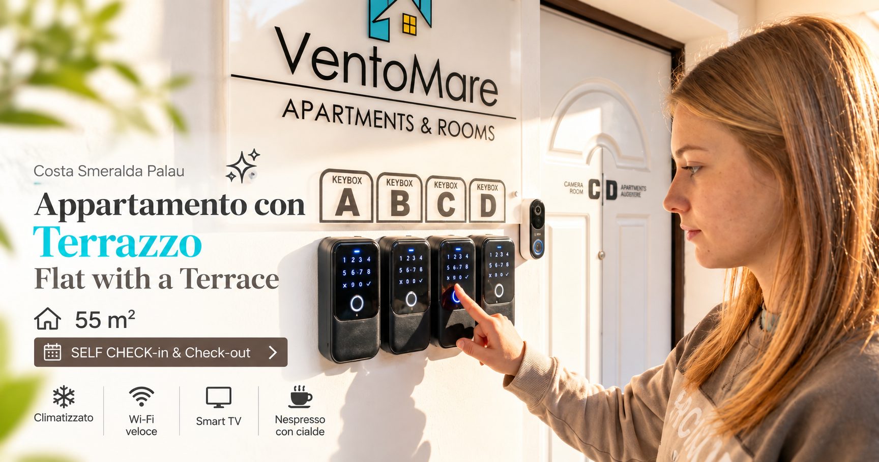 Grafica promozionale appartamento B: self check in ingresso — appartamento B, Palau Sardegna