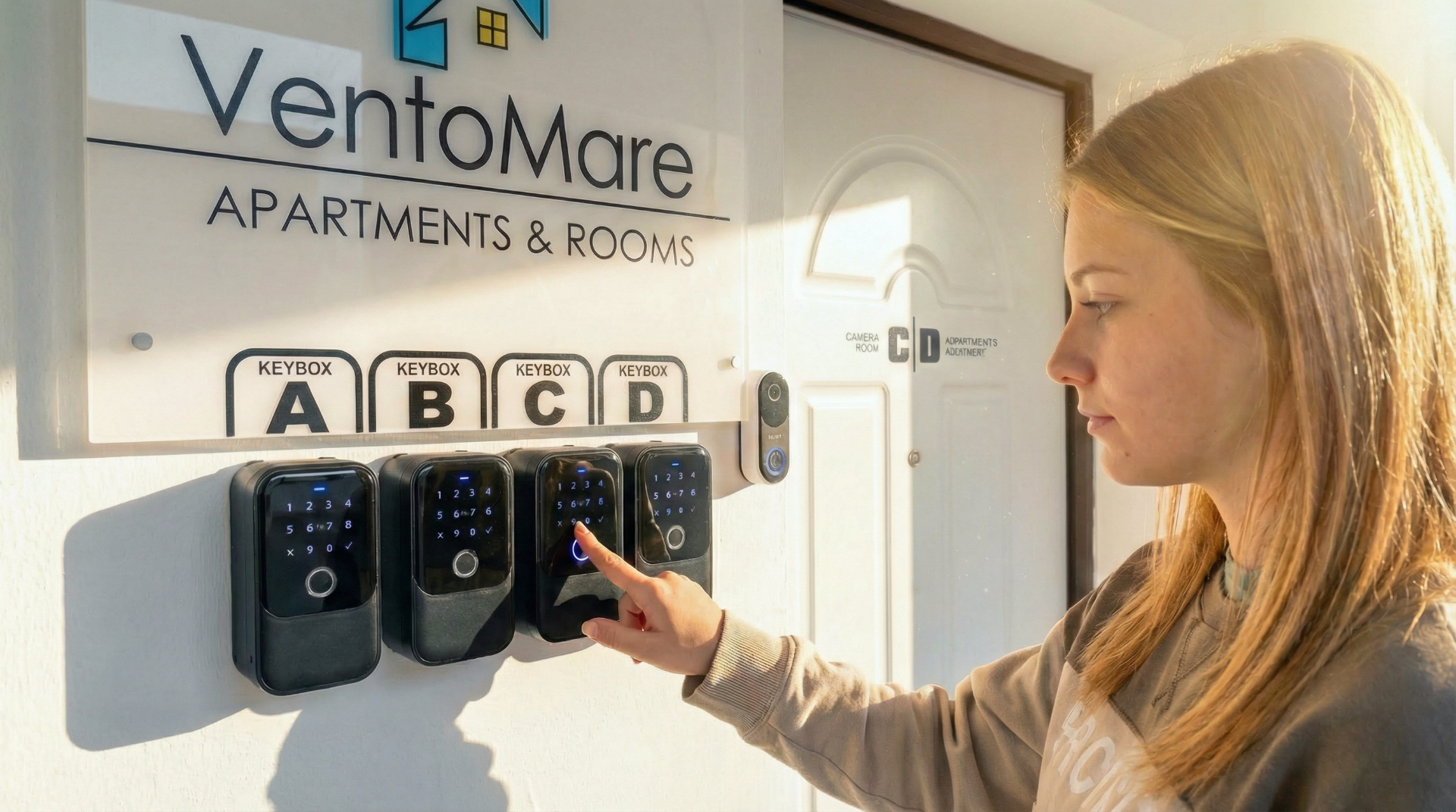 Ospite digita il codice sul KEYBOX all'ingresso di Vento Mare a Palau