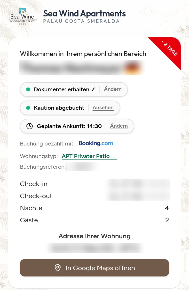 Echter Screenshot des Gästebereichs auf dem Smartphone, persönliche Daten unkenntlich gemacht