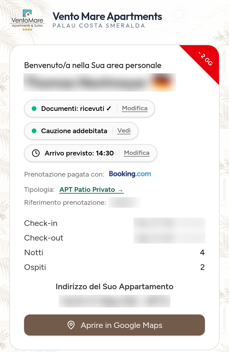 Schermata reale dell'area ospiti sullo smartphone, con dati personali oscurati