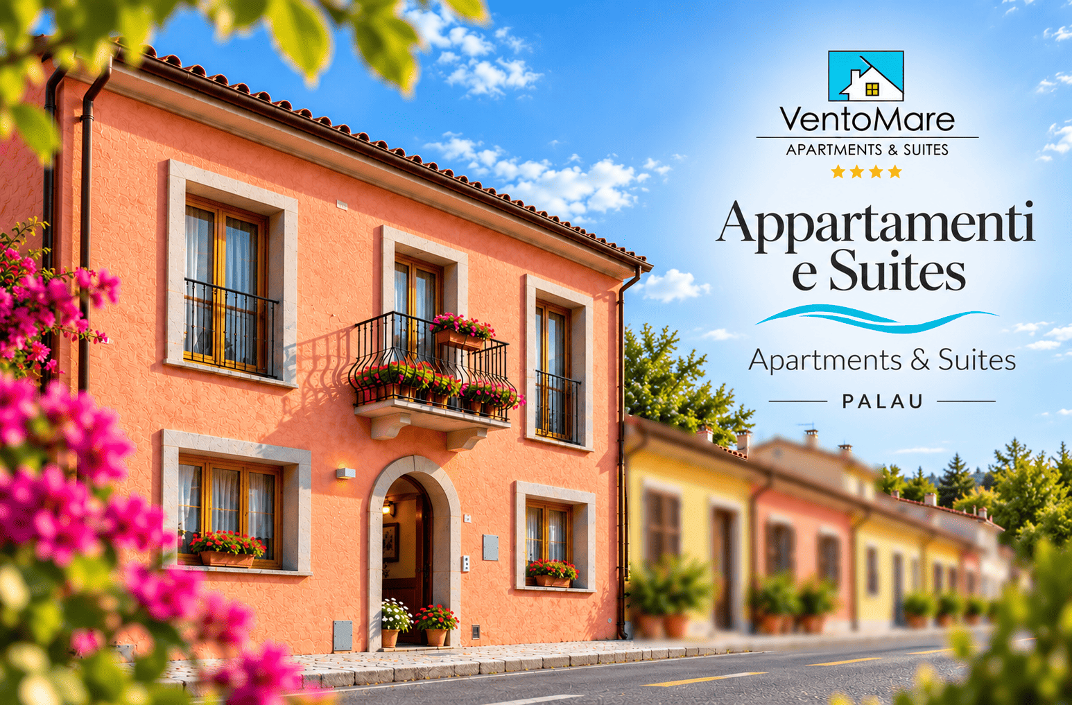 Case mediterranee colorate con fiori sotto il cielo azzurro a Palau
