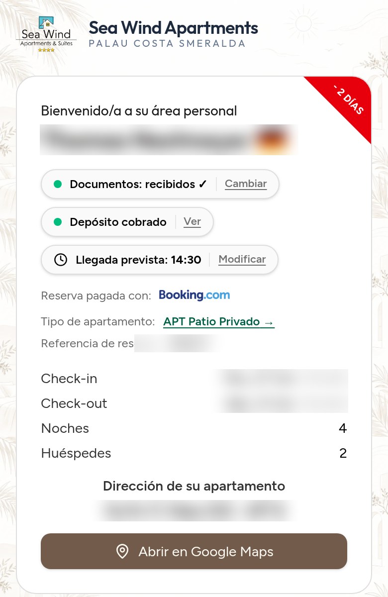 Captura real del área de huéspedes en el smartphone, con datos personales ocultos
