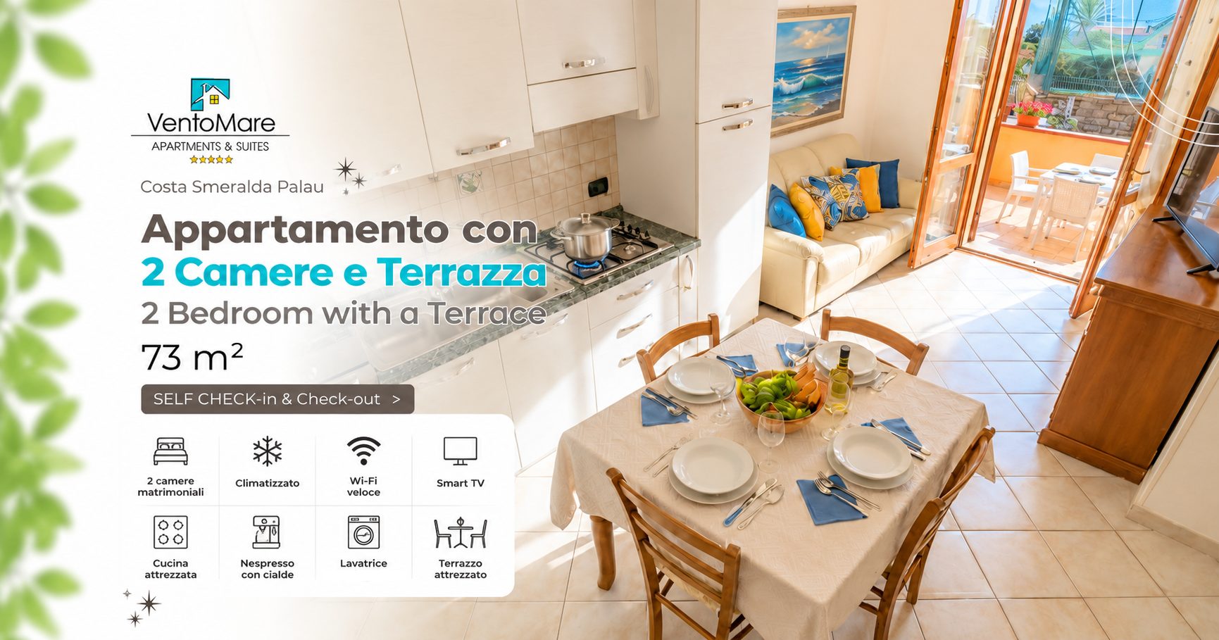 Grafica promozionale appartamento E: cucina soggiorno — appartamento E, Palau Sardegna