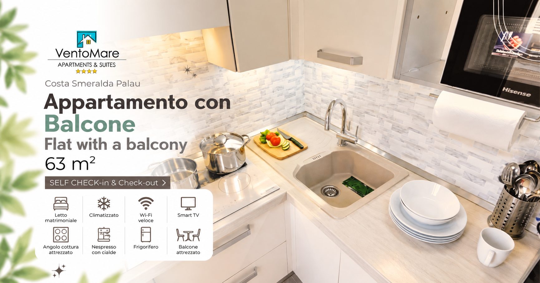 Grafica promozionale appartamento D: cucina attrezzata — appartamento D, Palau Sardegna