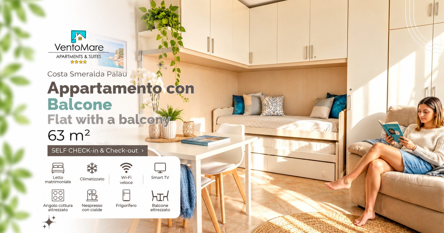 Grafica promozionale appartamento D: soggiorno divano letto — appartamento D, Palau Sardegna