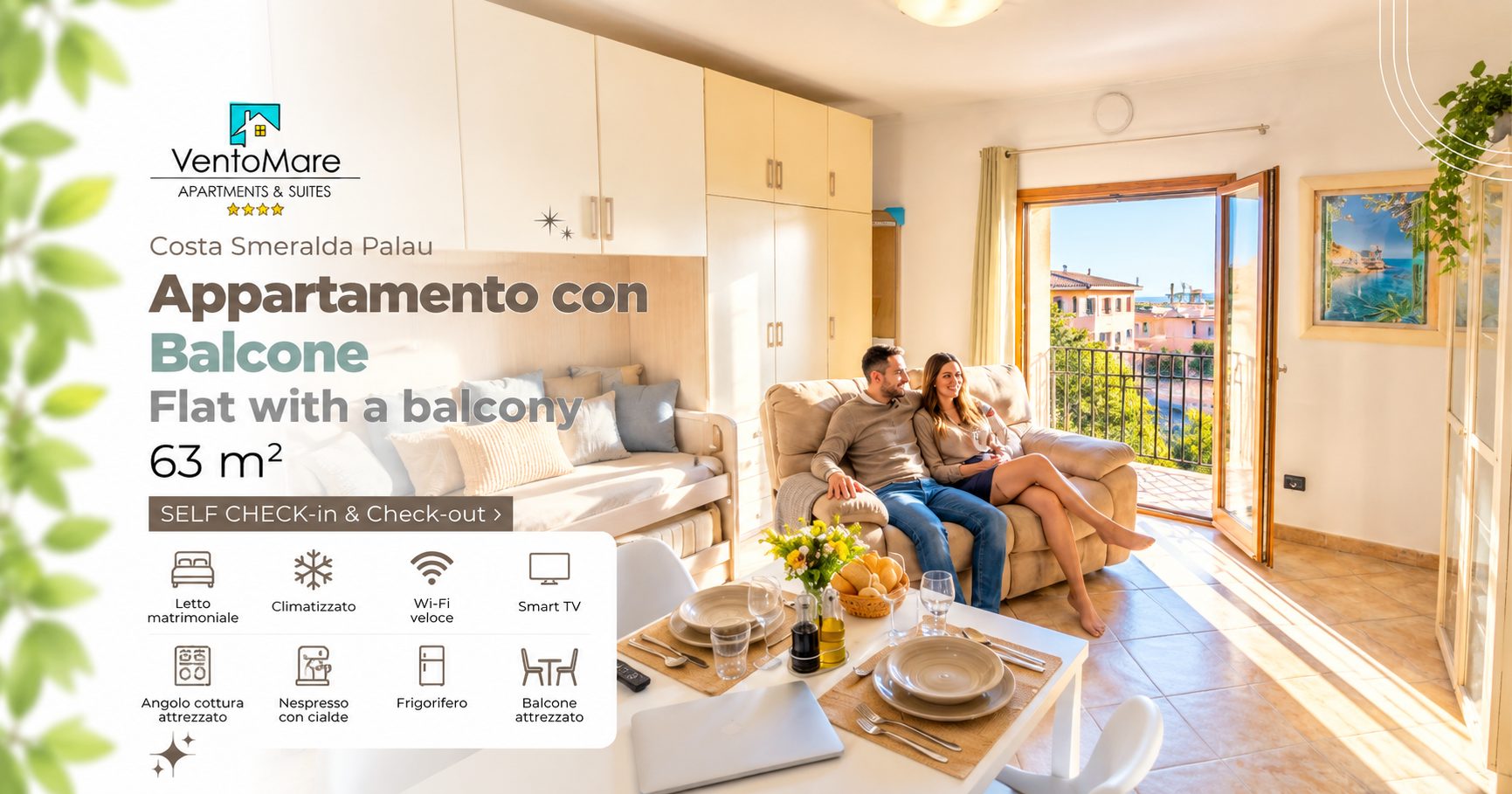 Grafica promozionale appartamento D: soggiorno balcone — appartamento D, Palau Sardegna