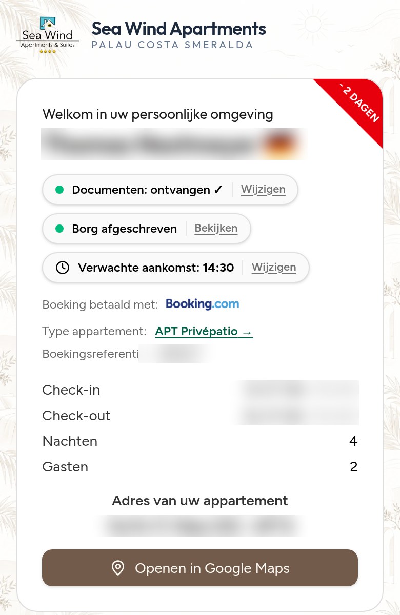 Echte schermafbeelding van de gastenomgeving op een smartphone, persoonsgegevens vervaagd