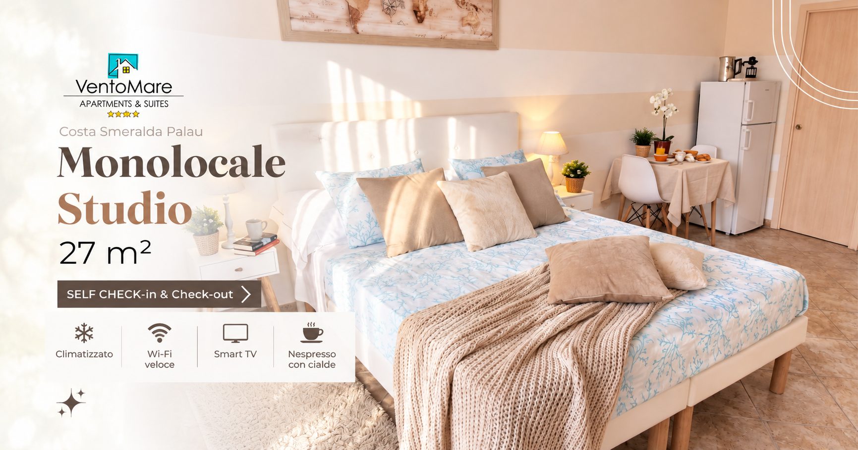 Grafica promozionale appartamento C: letto matrimoniale vista — appartamento C, Palau Sardegna