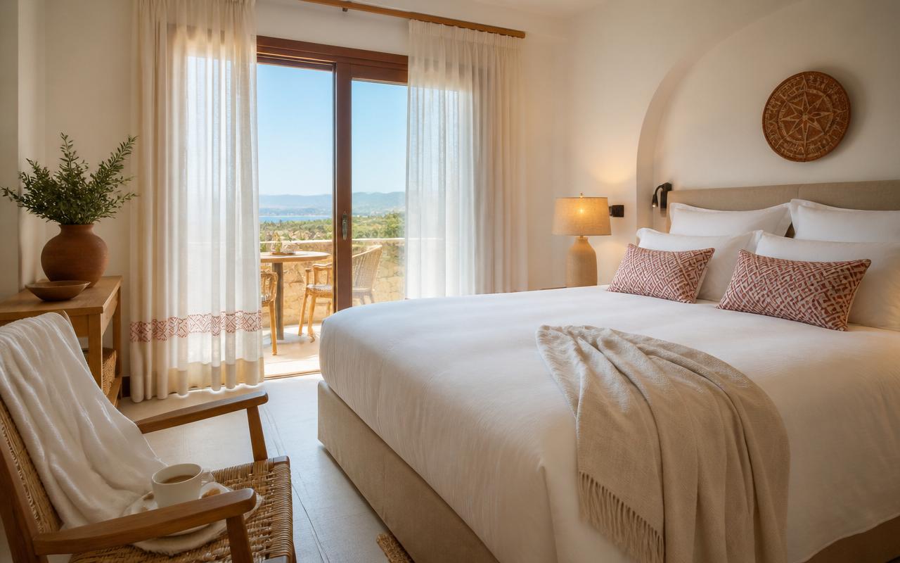 Licht en gezellig slaapkamer in mediterrane stijl, met wit beddengoed, kopje koffie en badjas
