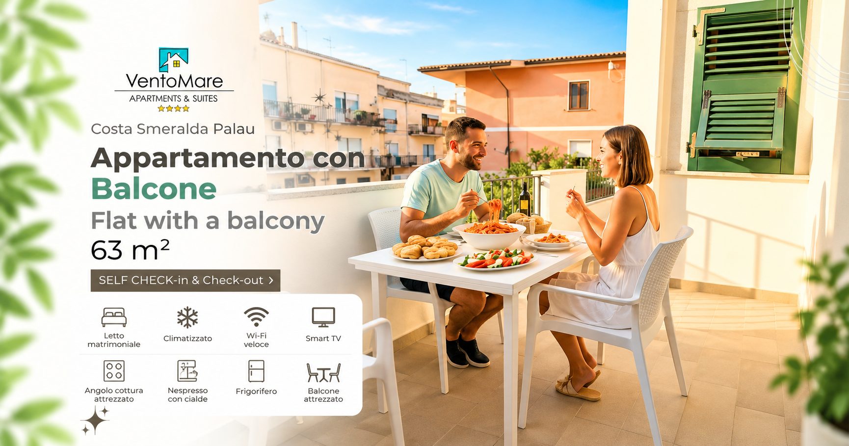 Grafica promozionale appartamento D: balcone pranzo esterno — appartamento D, Palau Sardegna