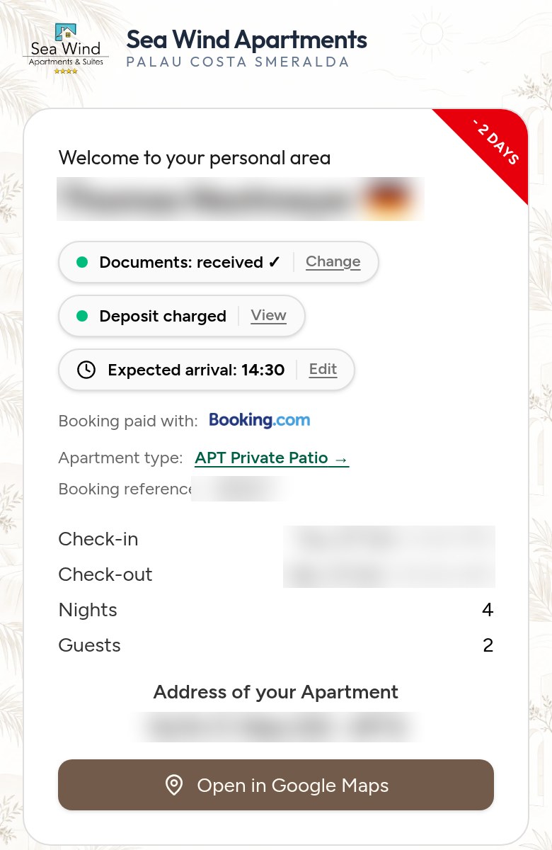 Real screenshot of the guest area on a smartphone, personal data blurred