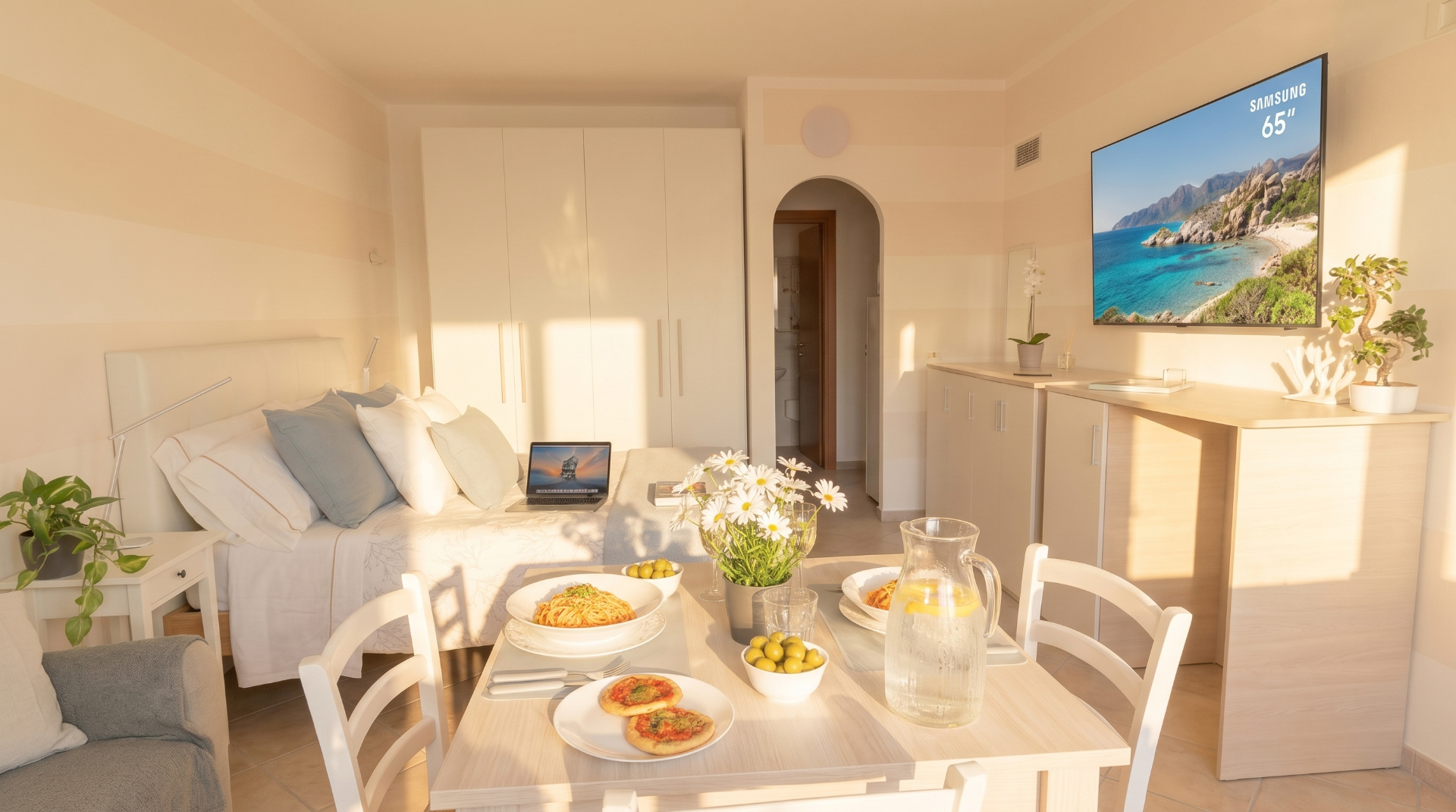 Camera da letto luminosa e accogliente in stile mediterraneo, con biancheria bianca, tazza di caffè e accappatoio