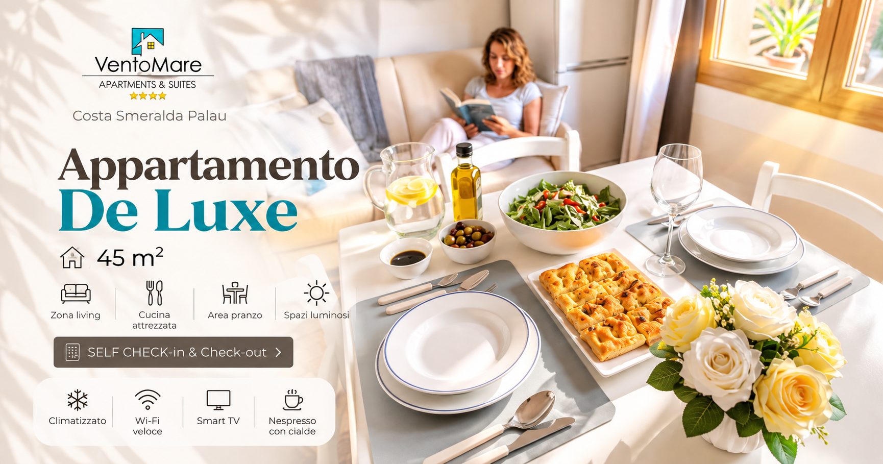 Grafica promozionale appartamento A: tavolo pranzo — appartamento A, Palau Sardegna