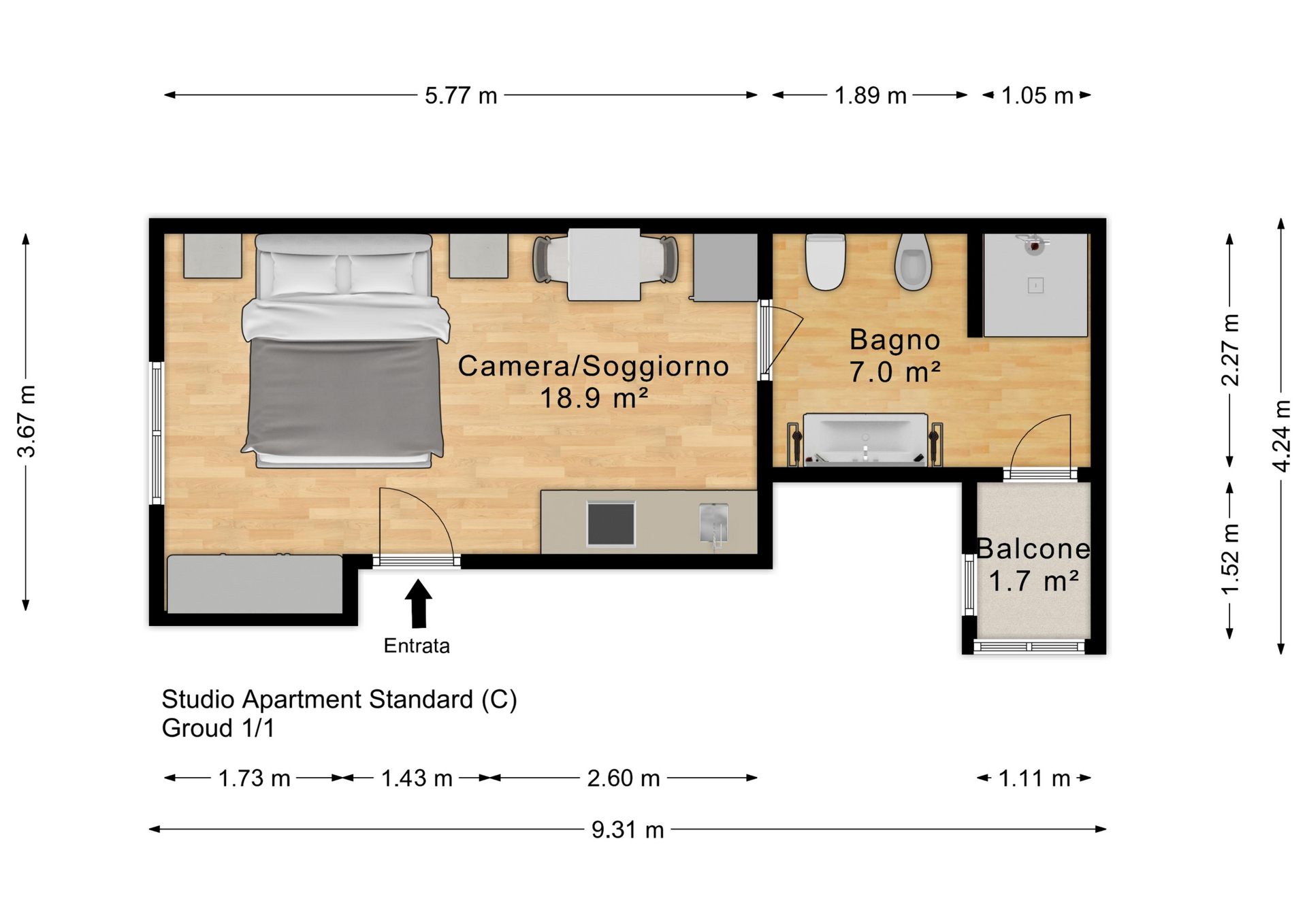 Planimetria Camera / Monolocale con Bagno Privato — Palau Sardegna