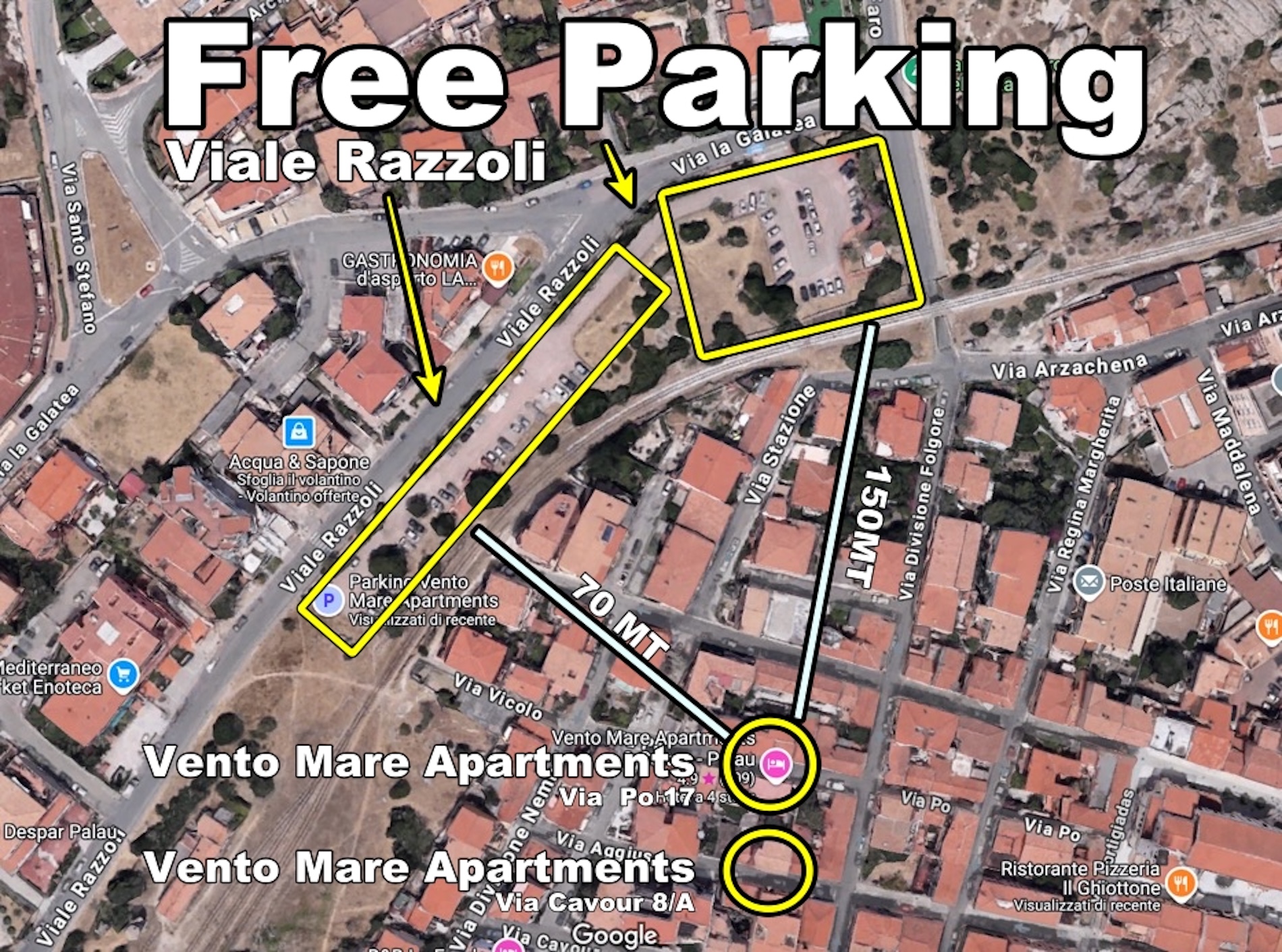 Mappa dei parcheggi gratuiti pubblici a 20, 70 e 150 metri da Vento Mare Apartments in Viale Razzoli, Palau