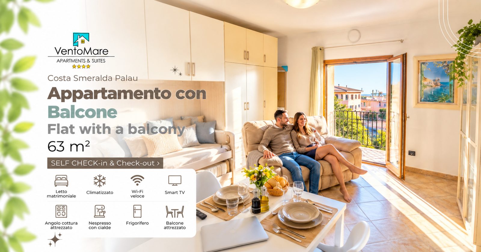 Grafica promozionale appartamento D: soggiorno balcone — appartamento D, Palau Sardegna