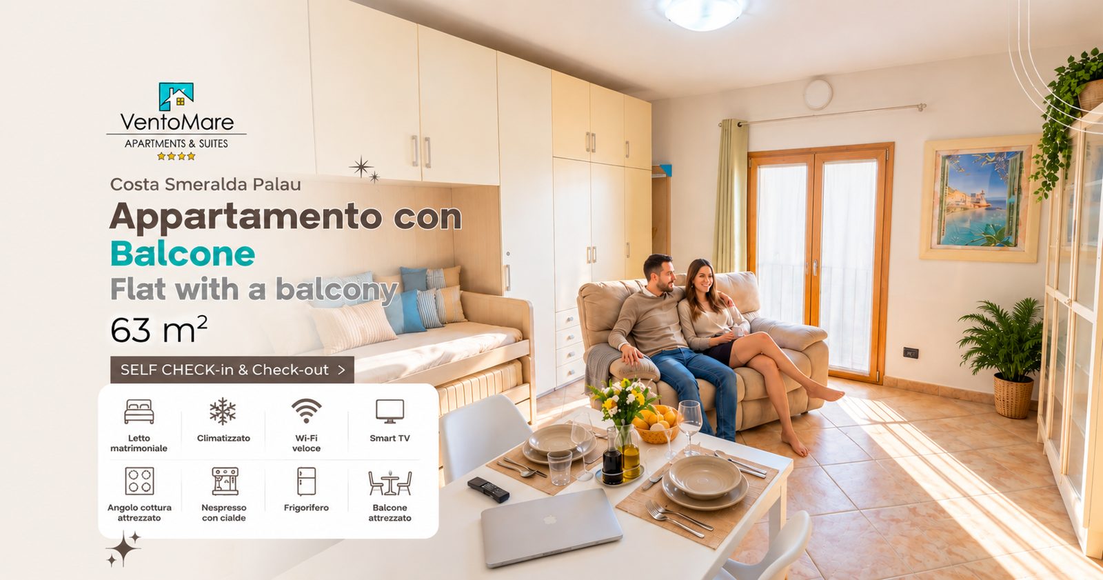 Grafica promozionale appartamento D: soggiorno zona pranzo — appartamento D, Palau Sardegna