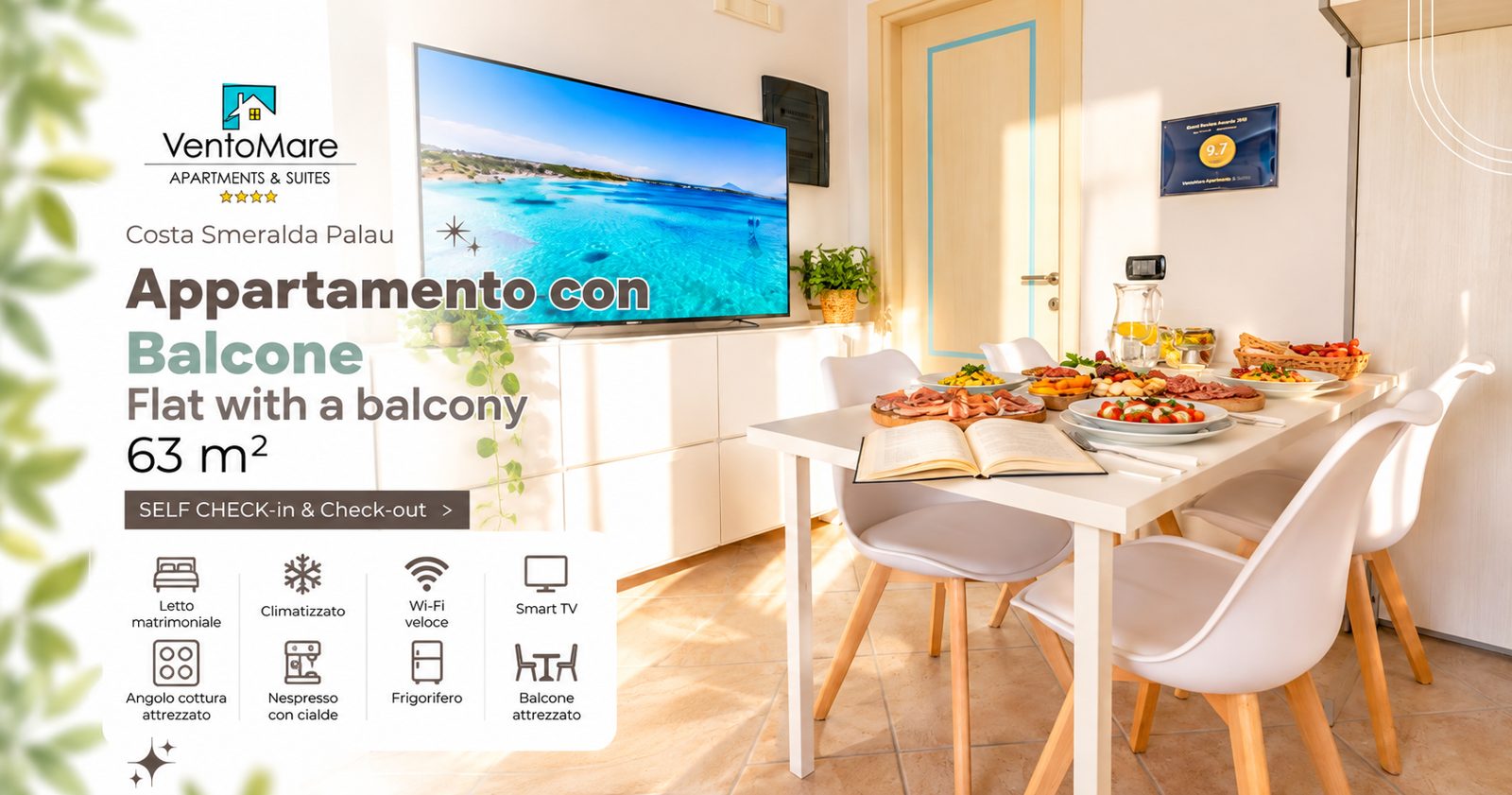 Grafica promozionale appartamento D: tavolo pranzo smart TV — appartamento D, Palau Sardegna