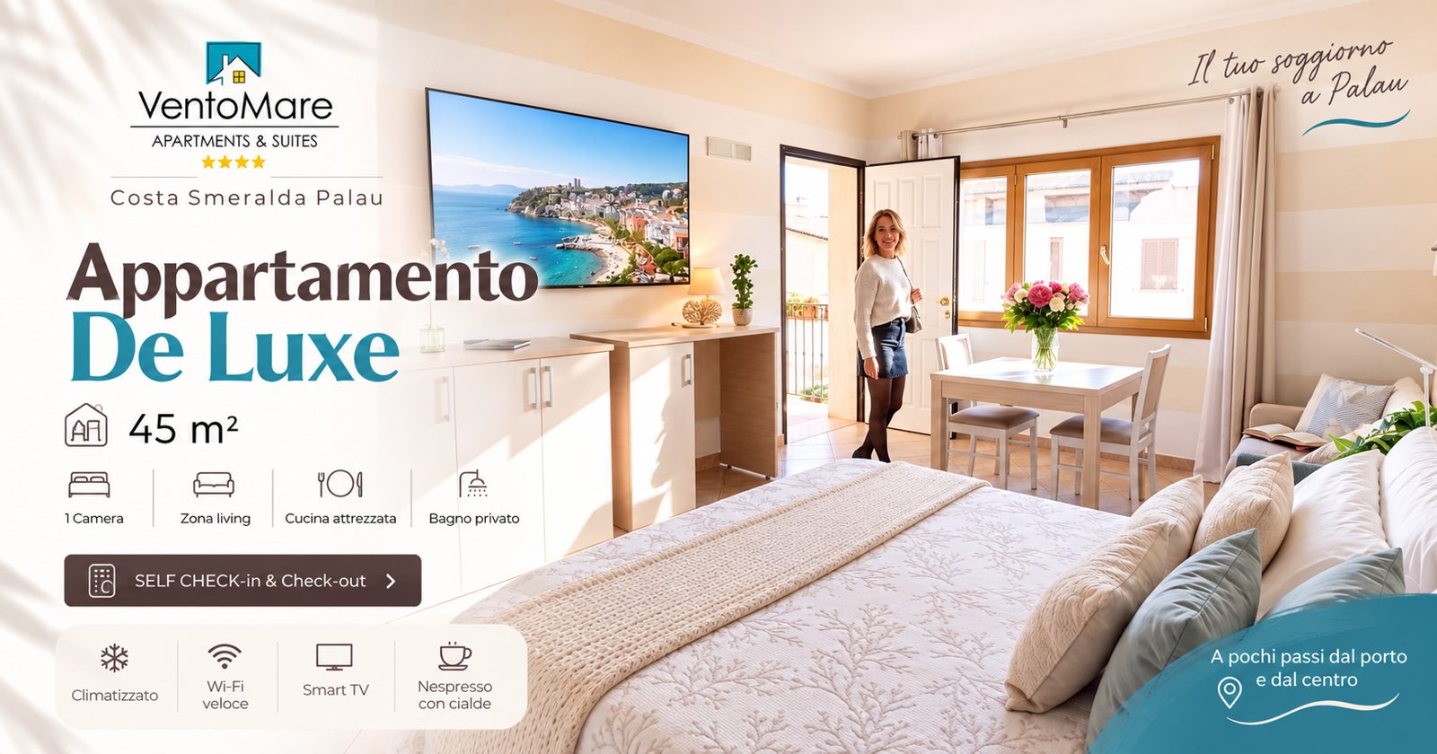 Grafica promozionale appartamento A: camera matrimoniale ingresso — appartamento A, Palau Sardegna