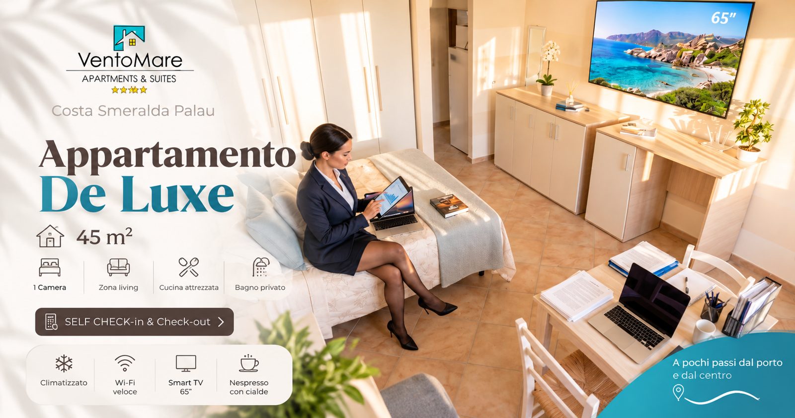 Grafica promozionale appartamento A: camera soggiorno TV — appartamento A, Palau Sardegna