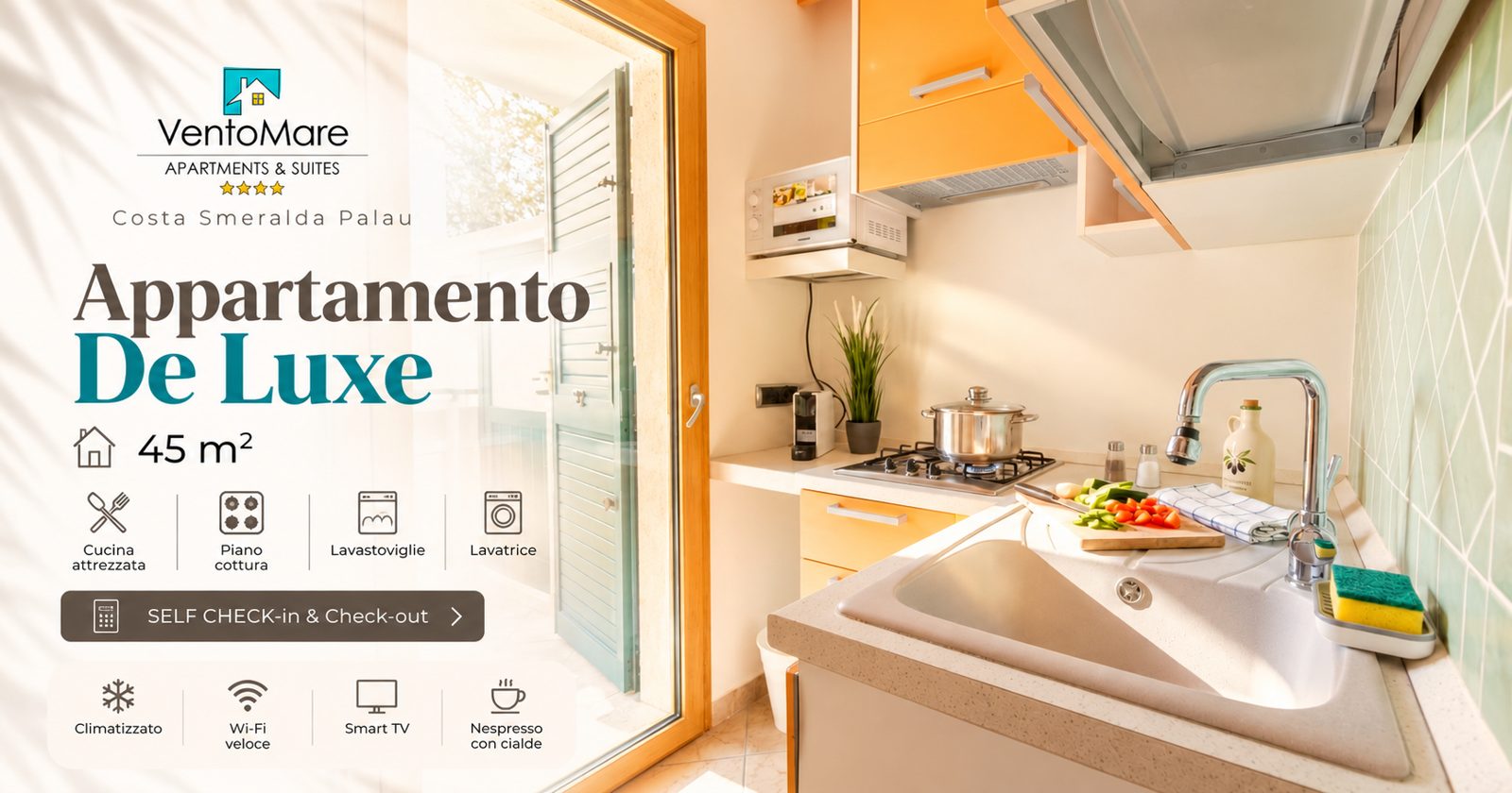 Grafica promozionale appartamento A: zona living smart TV — appartamento A, Palau Sardegna