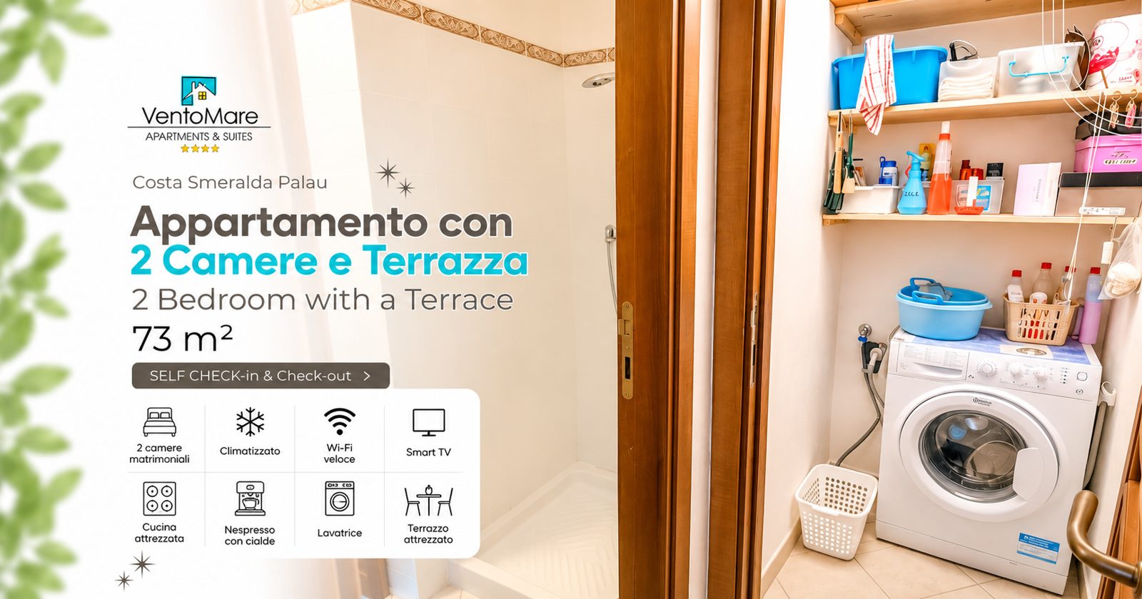 Grafica promozionale appartamento E: lavanderia lavatrice — appartamento E, Palau Sardegna