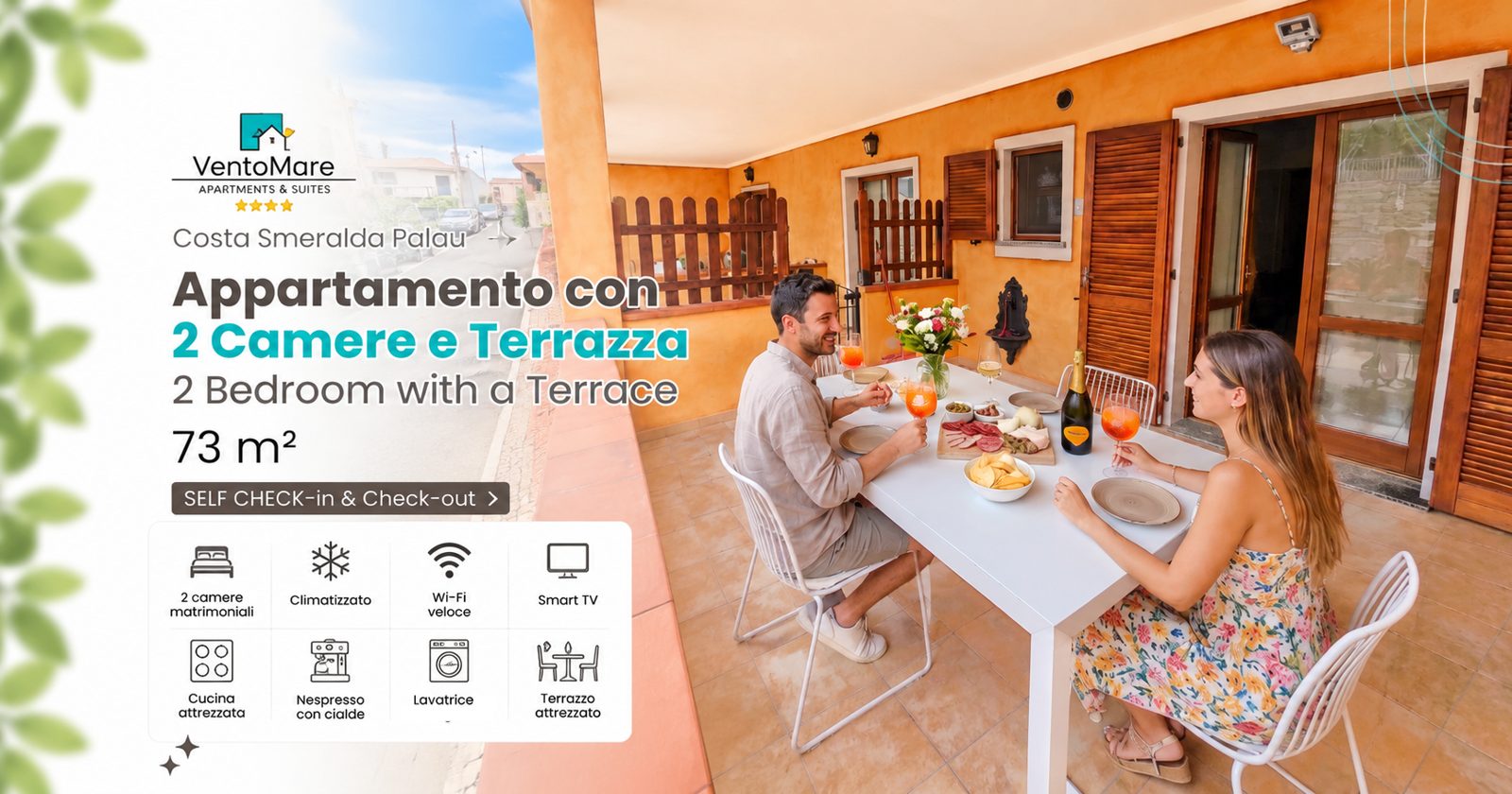 Grafica promozionale appartamento E: terrazza pranzo esterno — appartamento E, Palau Sardegna