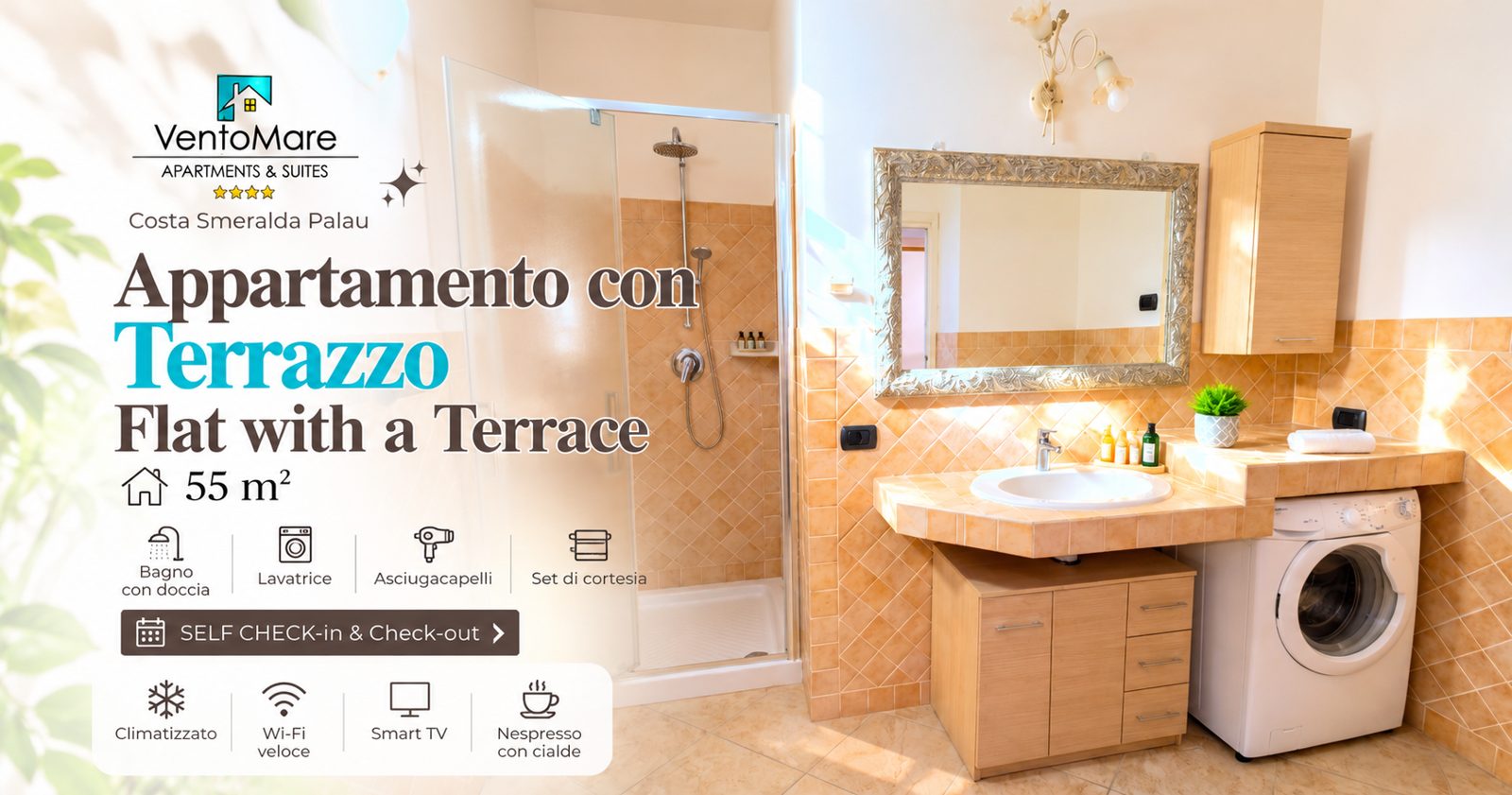 Grafica promozionale appartamento B: bagno doccia lavatrice — appartamento B, Palau Sardegna