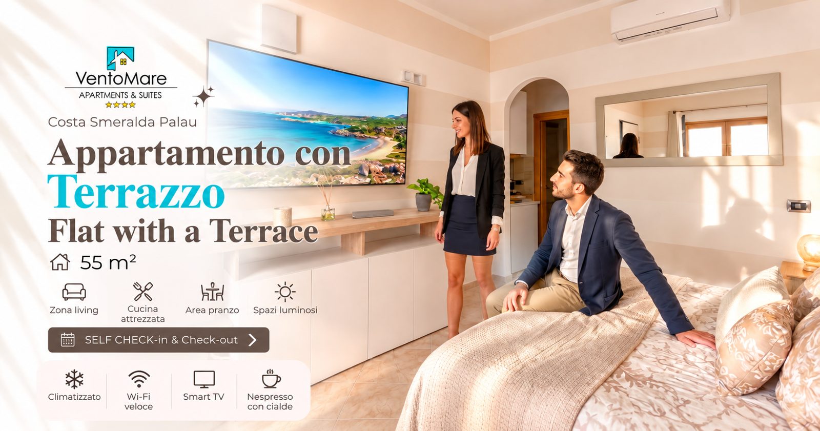 Grafica promozionale appartamento B: camera matrimoniale smart TV — appartamento B, Palau Sardegna
