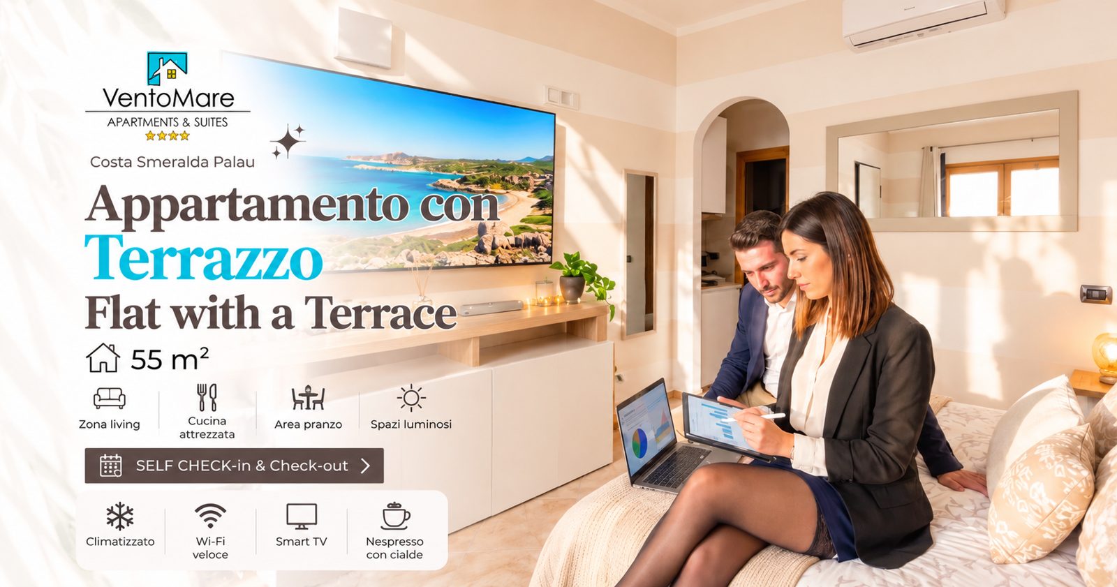 Grafica promozionale appartamento B: camera matrimoniale TV ospiti — appartamento B, Palau Sardegna