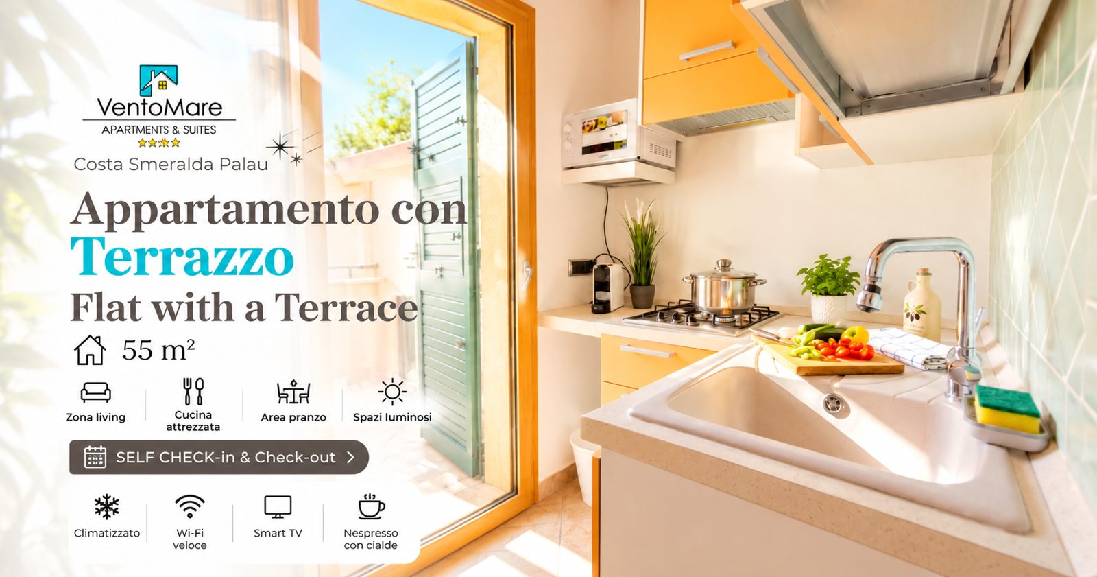 Grafica promozionale appartamento B: cucina attrezzata — appartamento B, Palau Sardegna