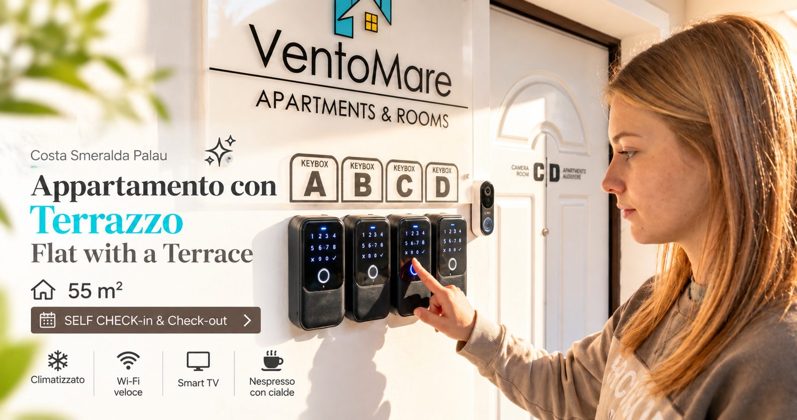 Grafica promozionale appartamento B: self check in ingresso — appartamento B, Palau Sardegna