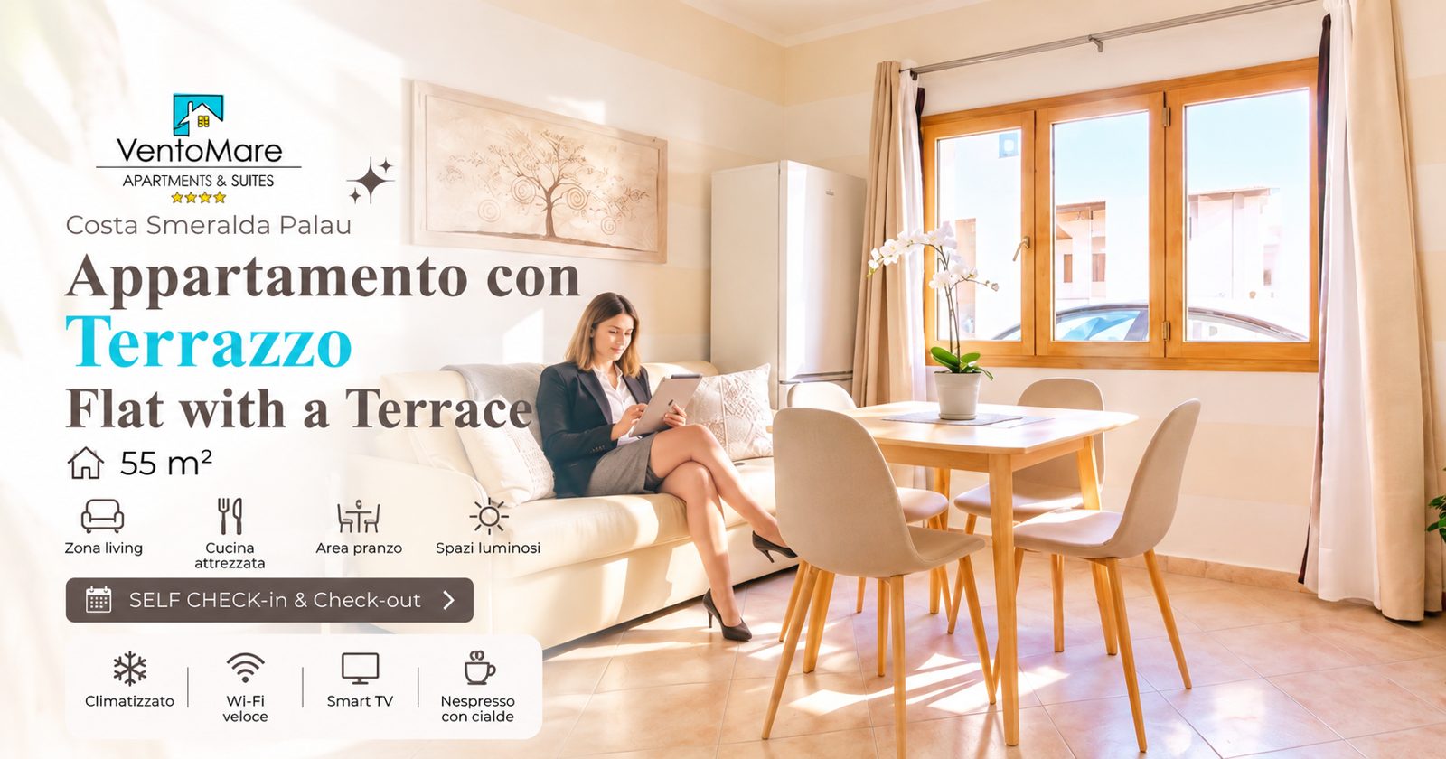Grafica promozionale appartamento B: soggiorno luminoso — appartamento B, Palau Sardegna