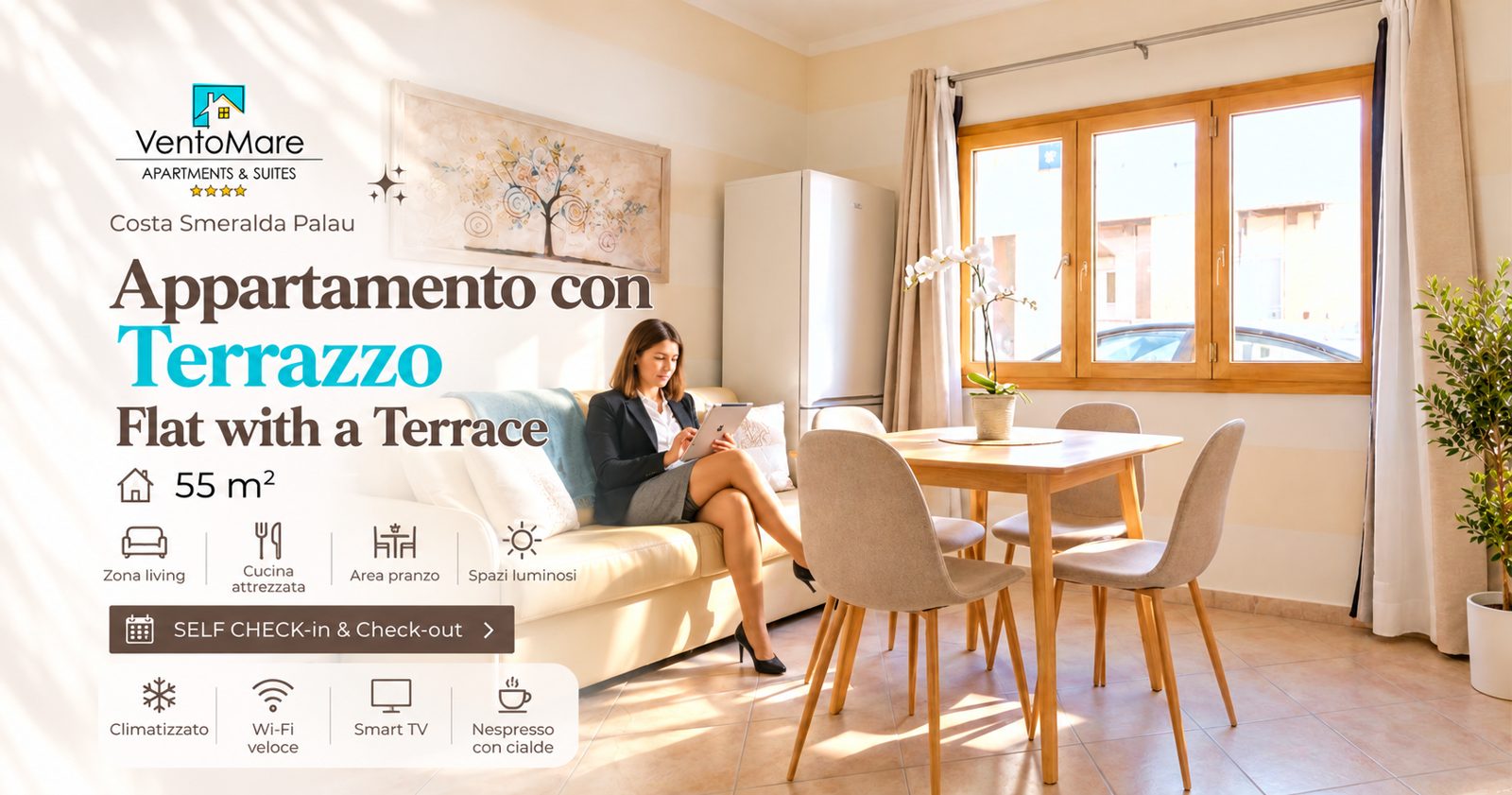 Grafica promozionale appartamento B: soggiorno zona pranzo — appartamento B, Palau Sardegna