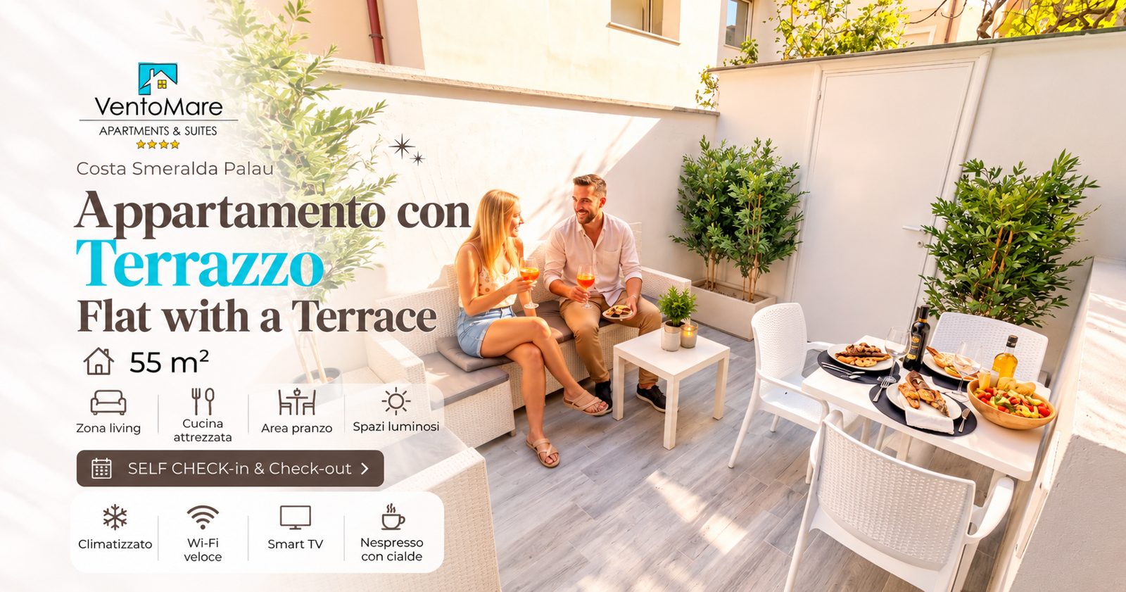 Grafica promozionale appartamento B: terrazzo colazione — appartamento B, Palau Sardegna
