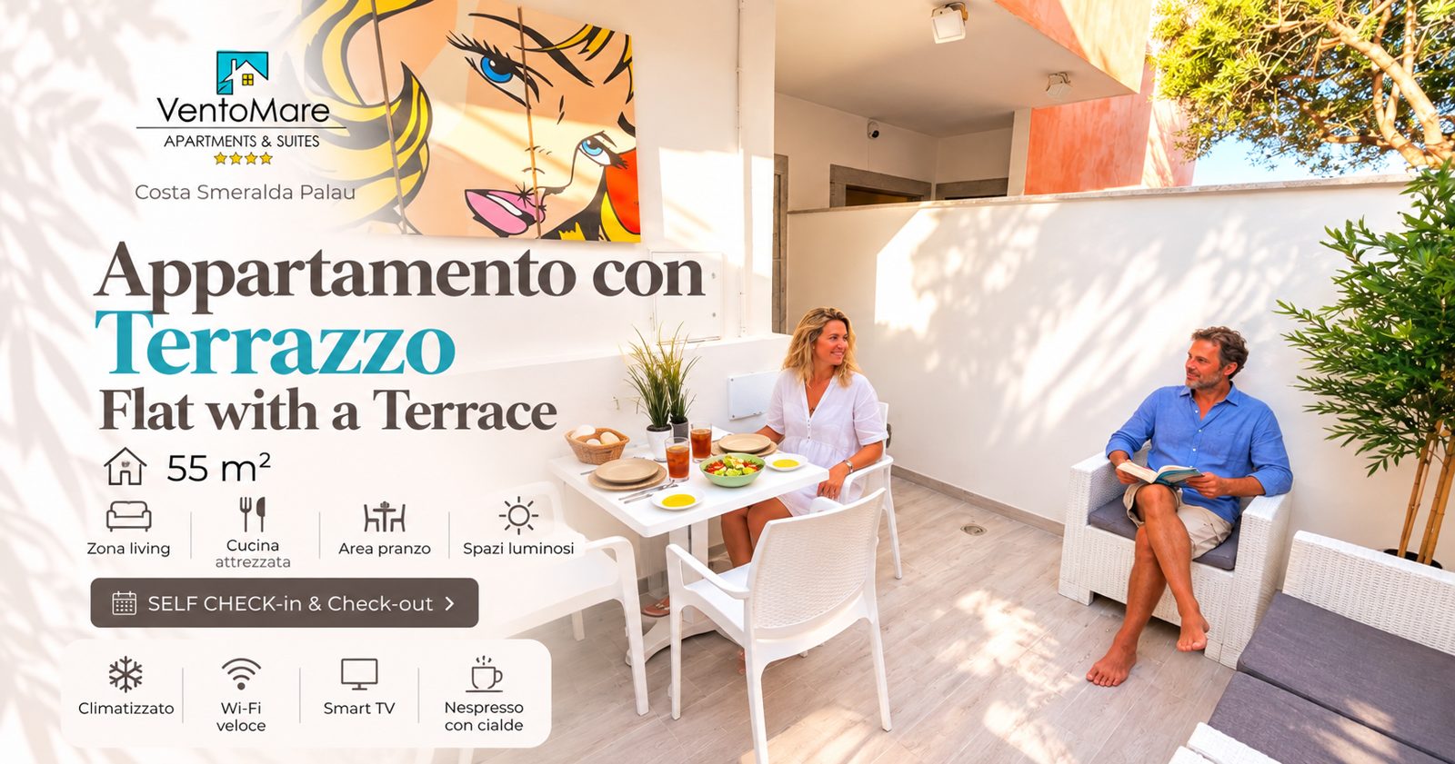Grafica promozionale appartamento B: terrazzo pranzo esterno — appartamento B, Palau Sardegna