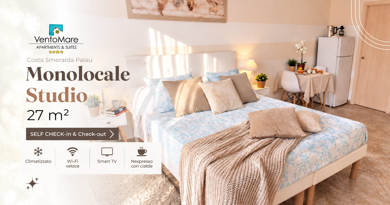 Grafica promozionale appartamento C: letto matrimoniale vista — appartamento C, Palau Sardegna