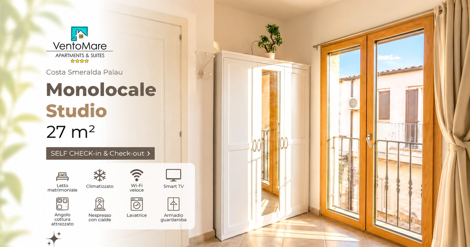 Grafica promozionale appartamento C: porta finestra balcone — appartamento C, Palau Sardegna